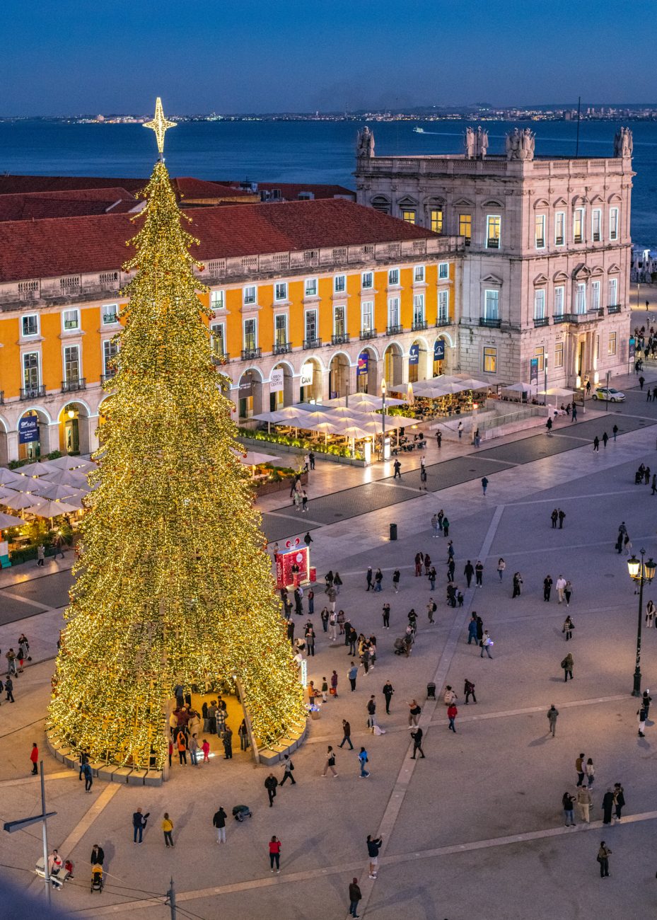 Giant Christmas tree at Praça do Comércio lit up at night in Lisbon