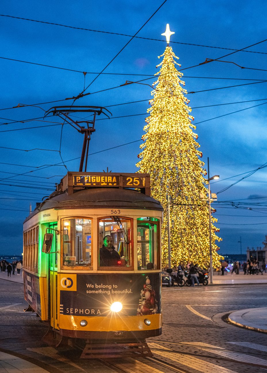 Giant Christmas tree at Praça do Comércio lit up at night in Lisbon