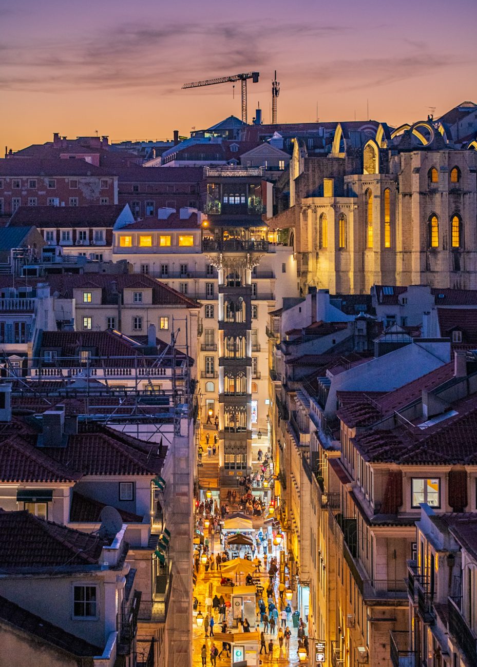 Elevador Santa Justa - best Lisbon photography spots Elevador Santa Justa from Terraço Editorial at the sunset