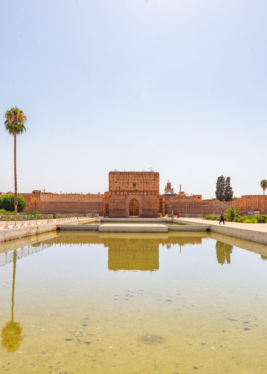 Sunken gardens and massive walls inside El Badi Palace, Marrakech