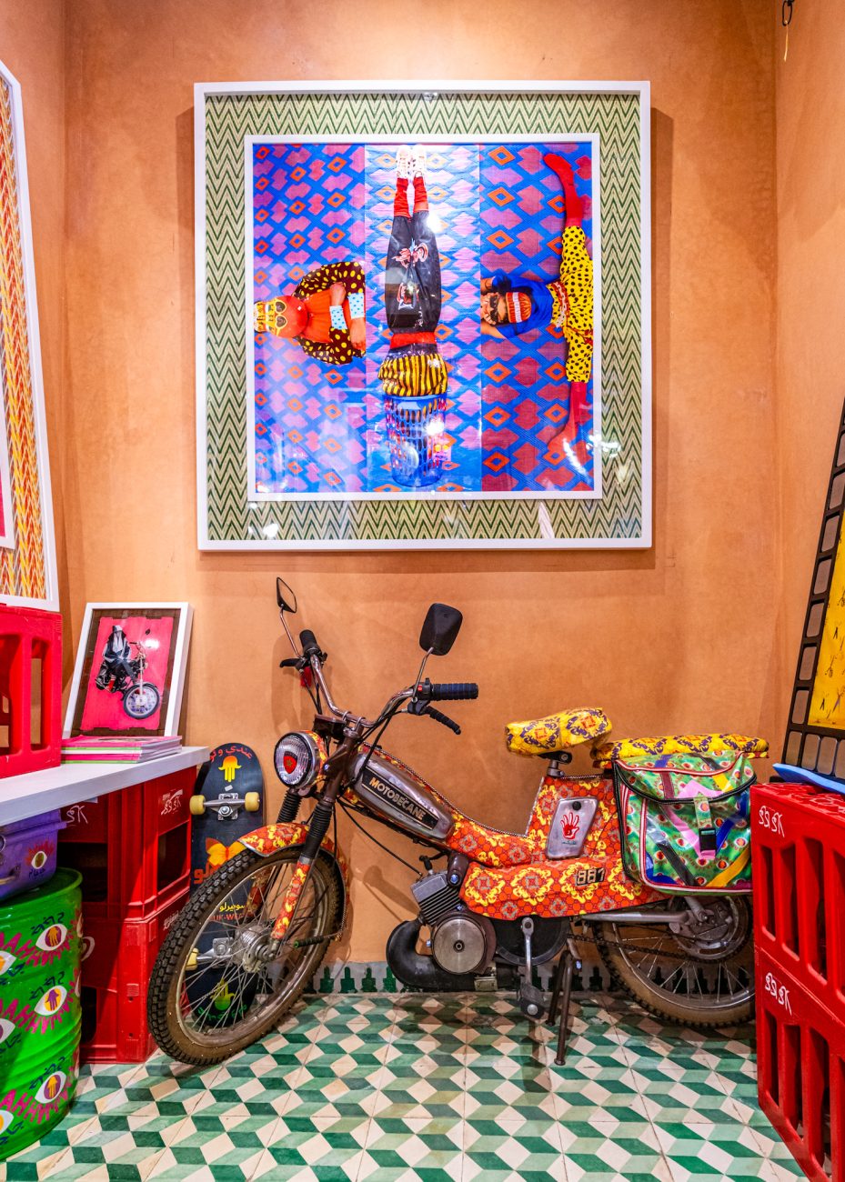 Colorful interior of Riad Yima Boutique & Art Gallery in Marrakech Medina, designed by Hassan Hajjaj