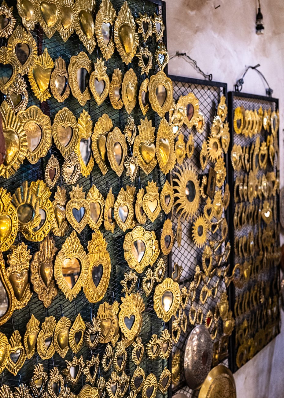 Ornate decorative mirrors with intricate designs in Marrakech souk