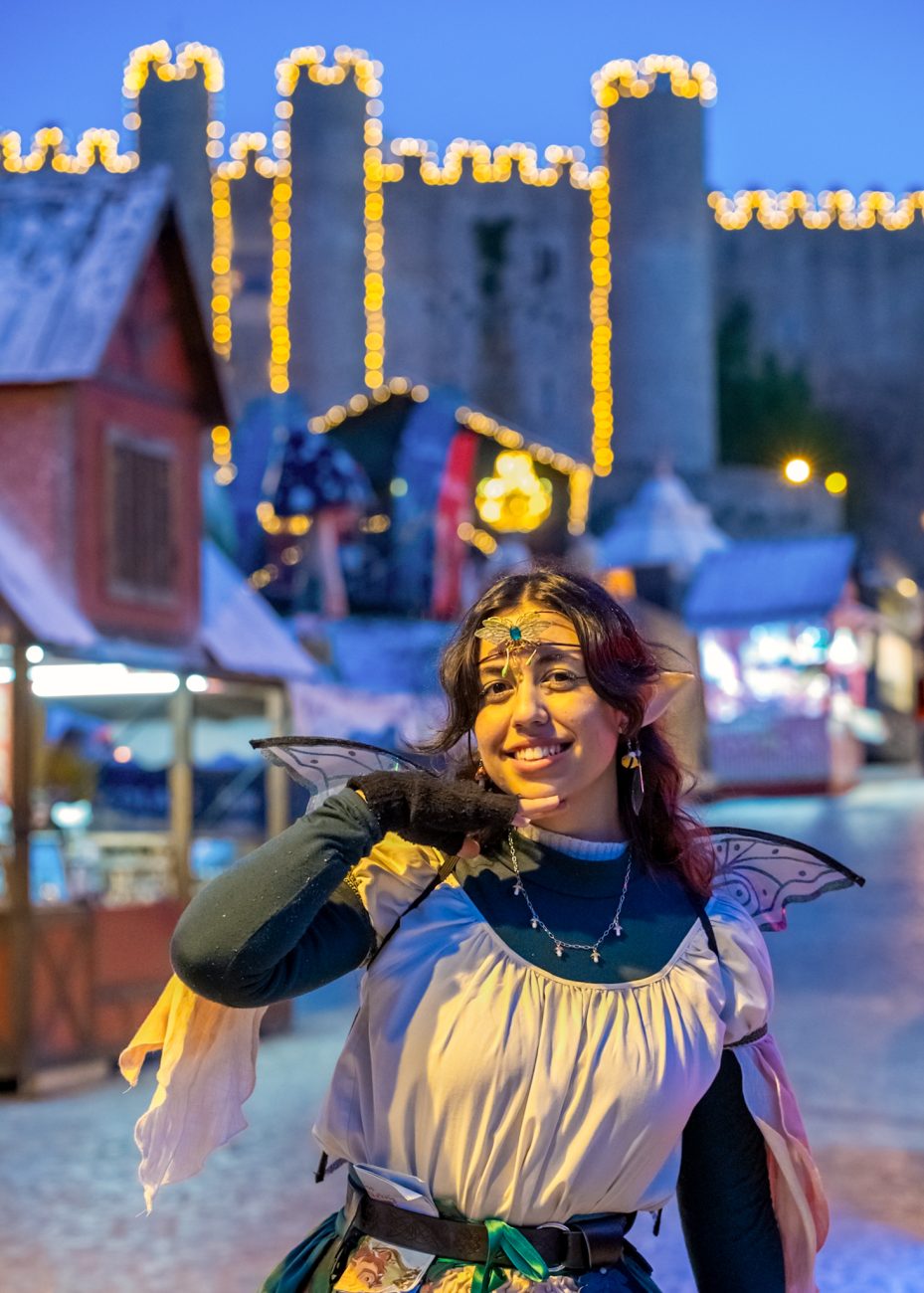Christmas in Óbidos village streets glowing with festive lights at night