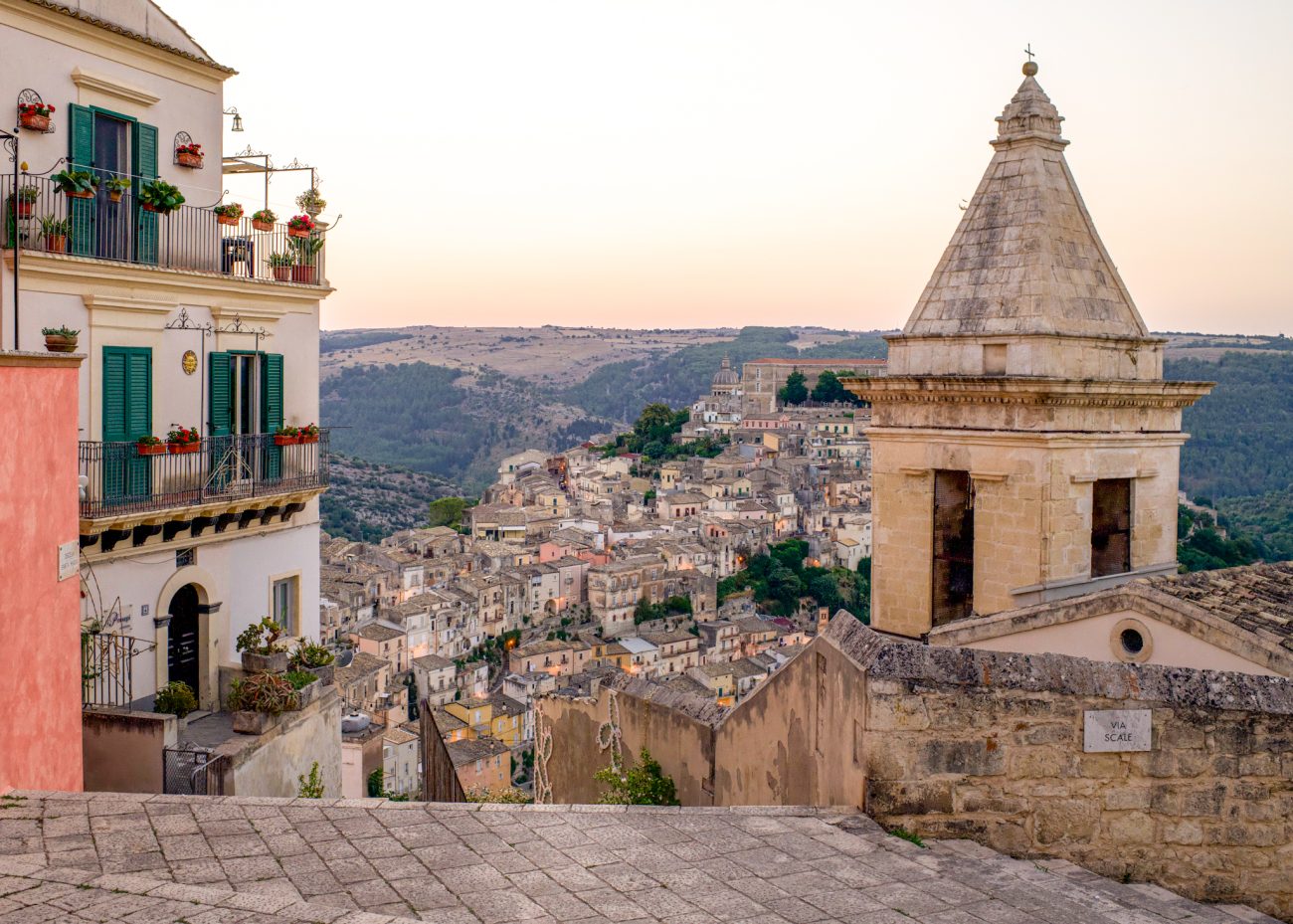 Ragusa Ibla Sicily baroque old town with stairways and churches, romantic Italian town