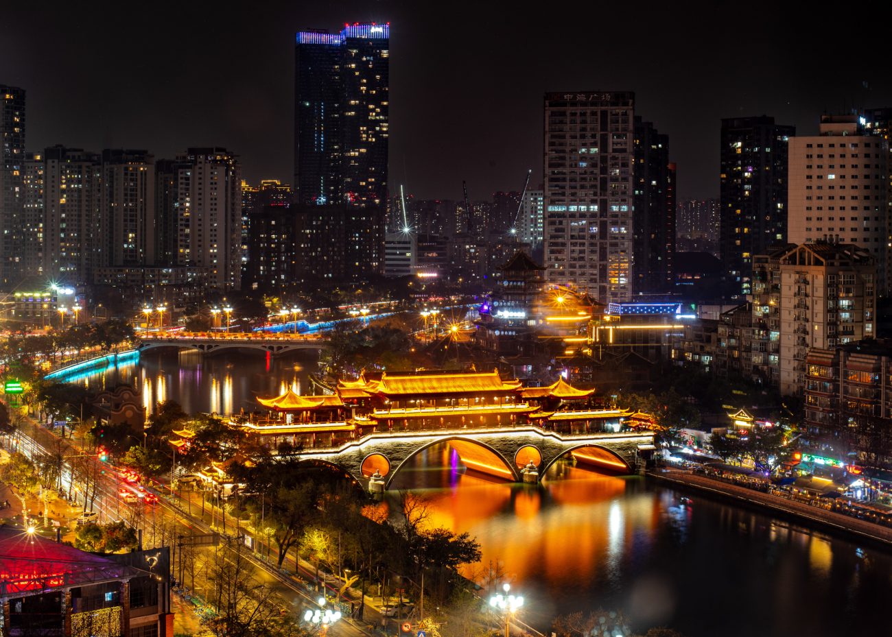 Anshun Bridge illuminated at night in Chengdu