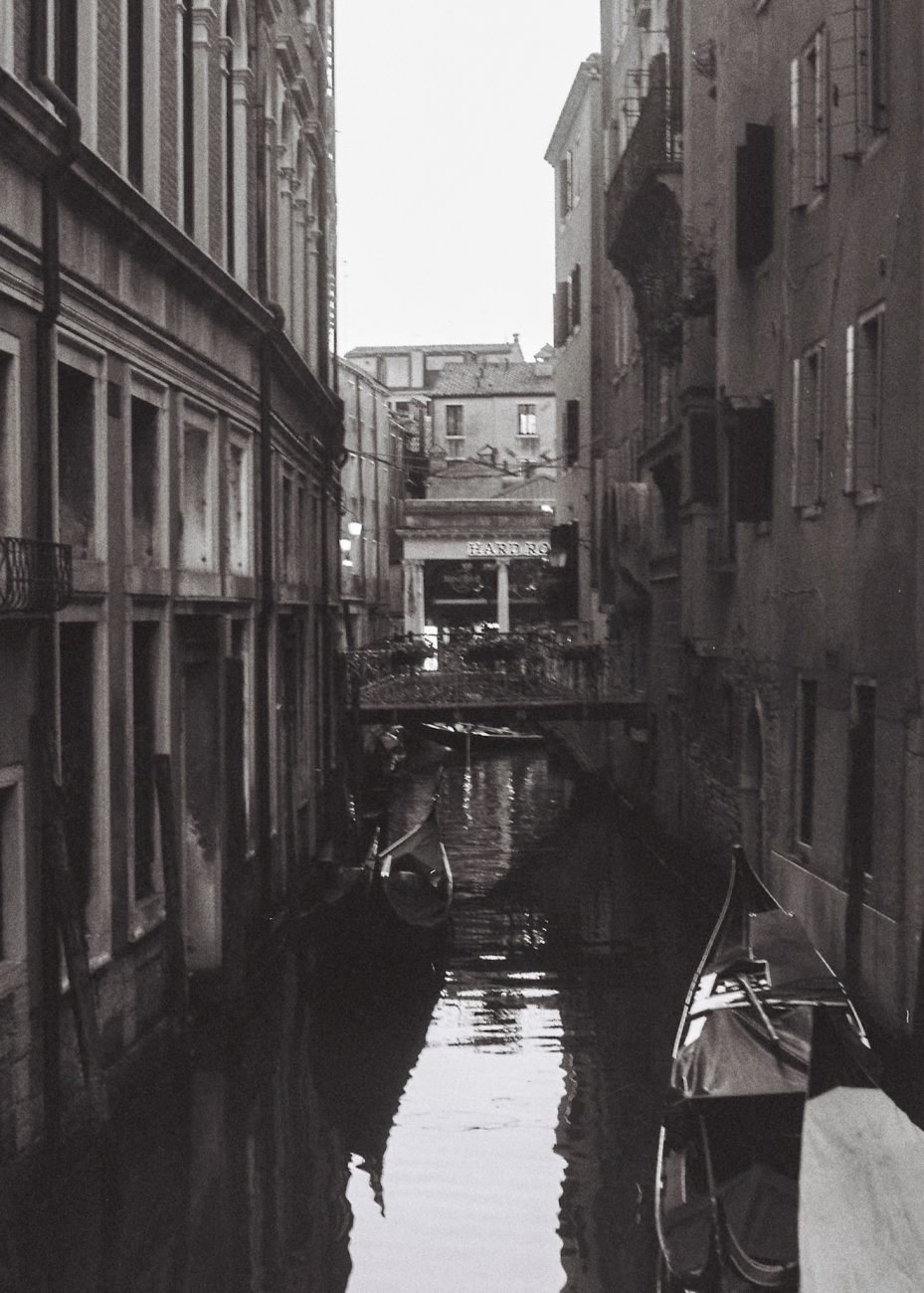 Canal view in Venice photographed on 35mm black and white film