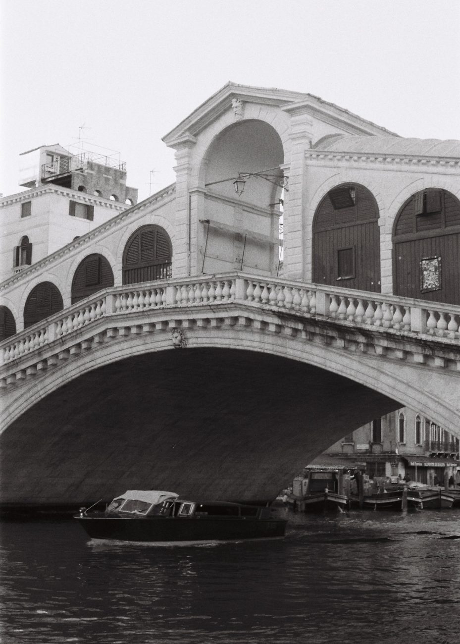 Rialto Bridge in Venice photographed on black and white film