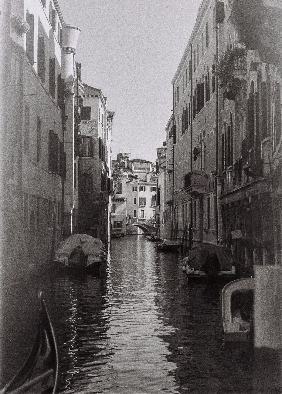 Canal view in Venice photographed on 35mm black and white film