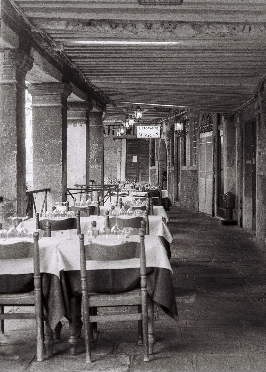 Empty street photographed on black and white film