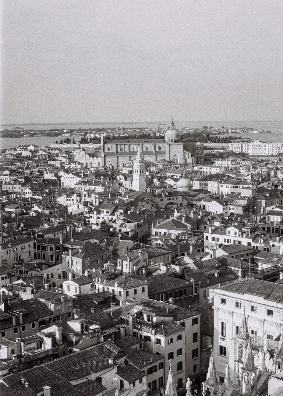 Rooftop view in black and white film photography