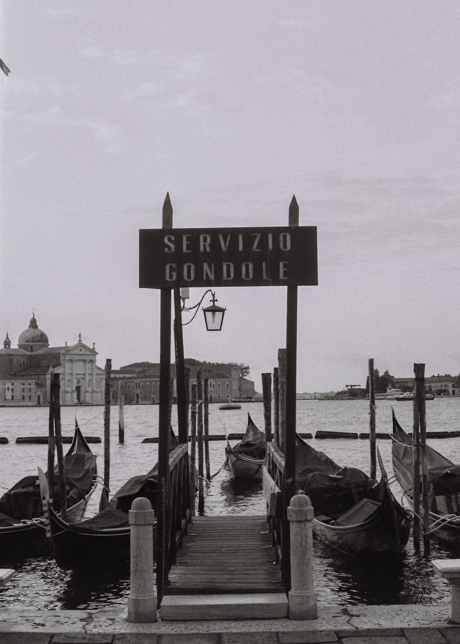 Gondola dock scene shot on analog black and white film