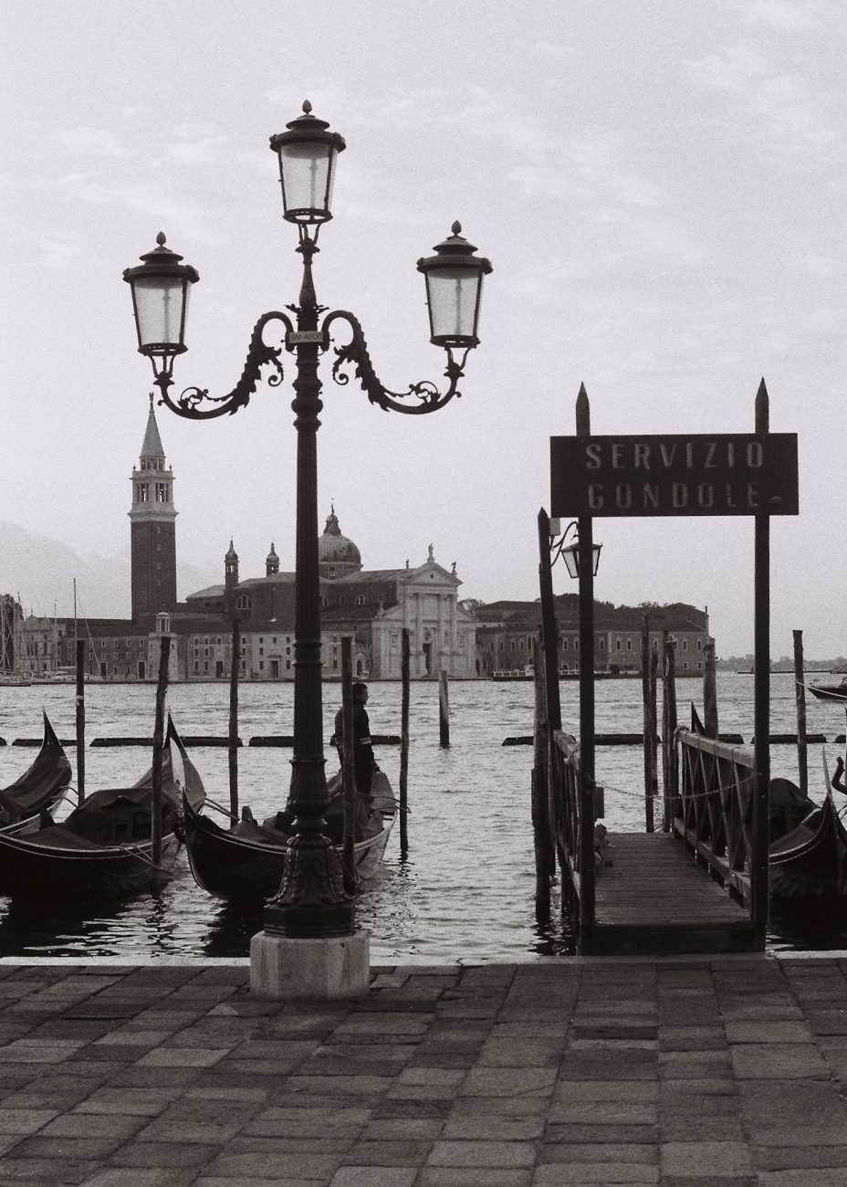 Gondola dock scene shot on analog black and white film