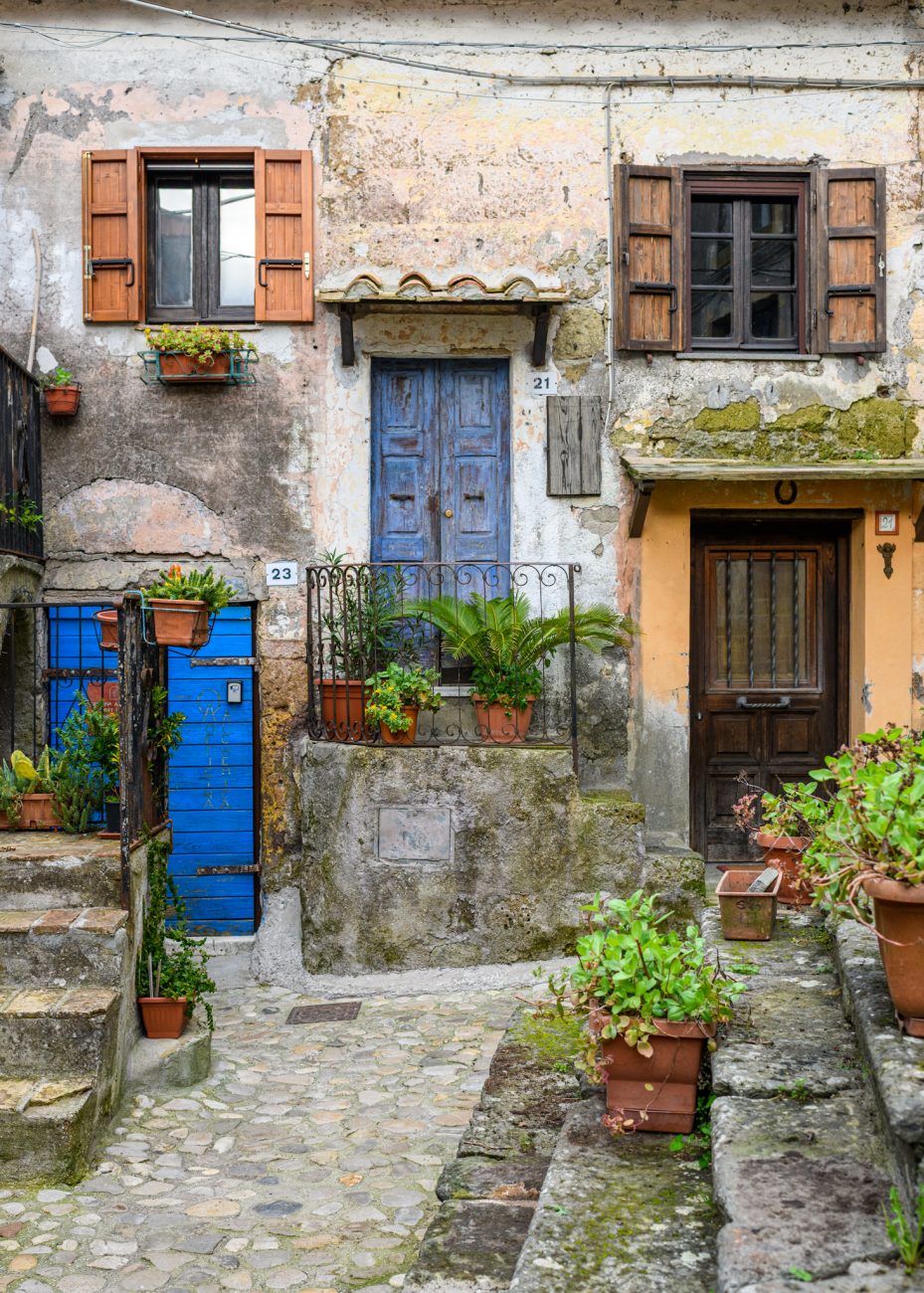 Quiet street atmosphere in Calcata Vecchia hidden village Lazio Italy