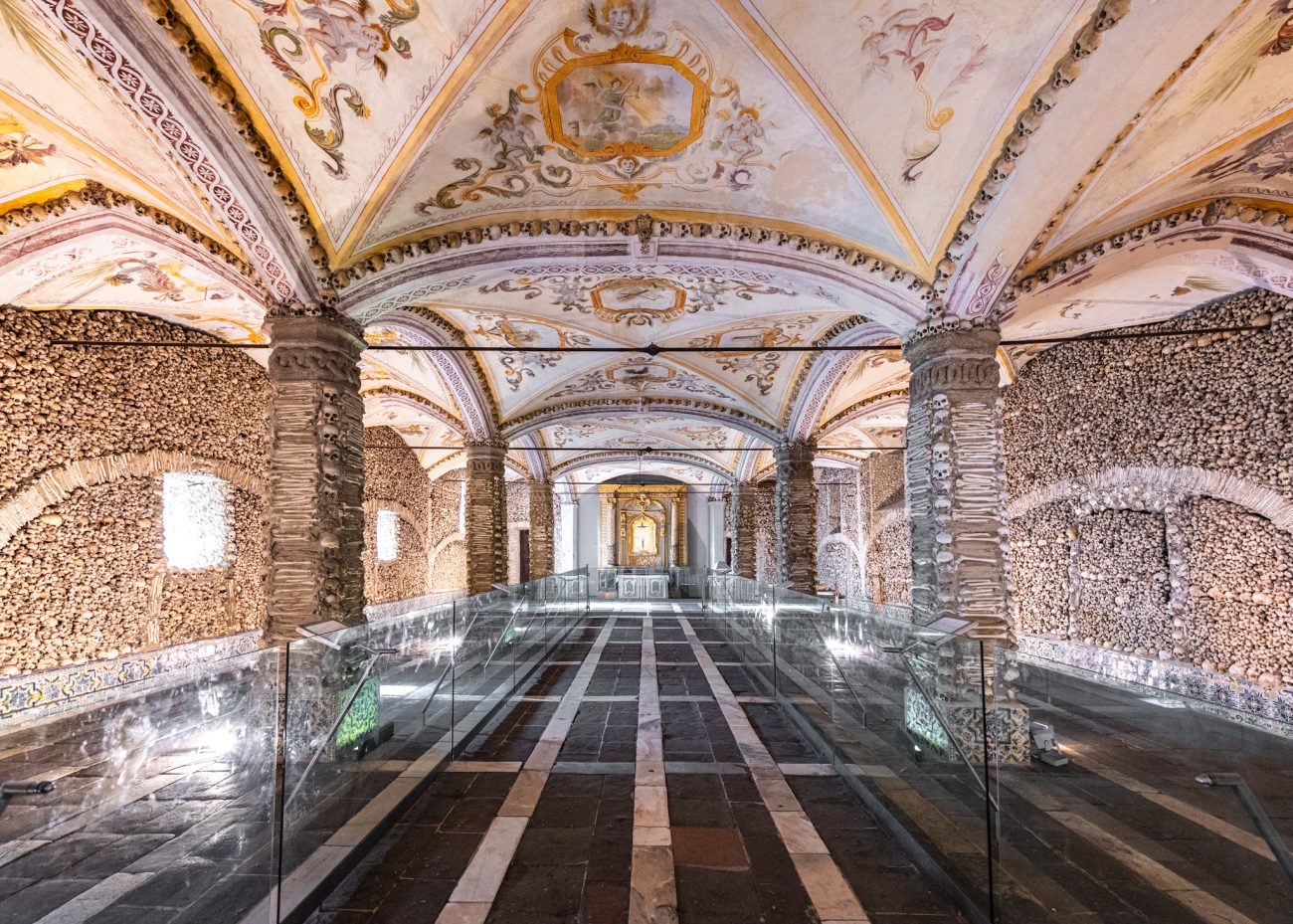 Chapel of Bones in Évora decorated with human skulls