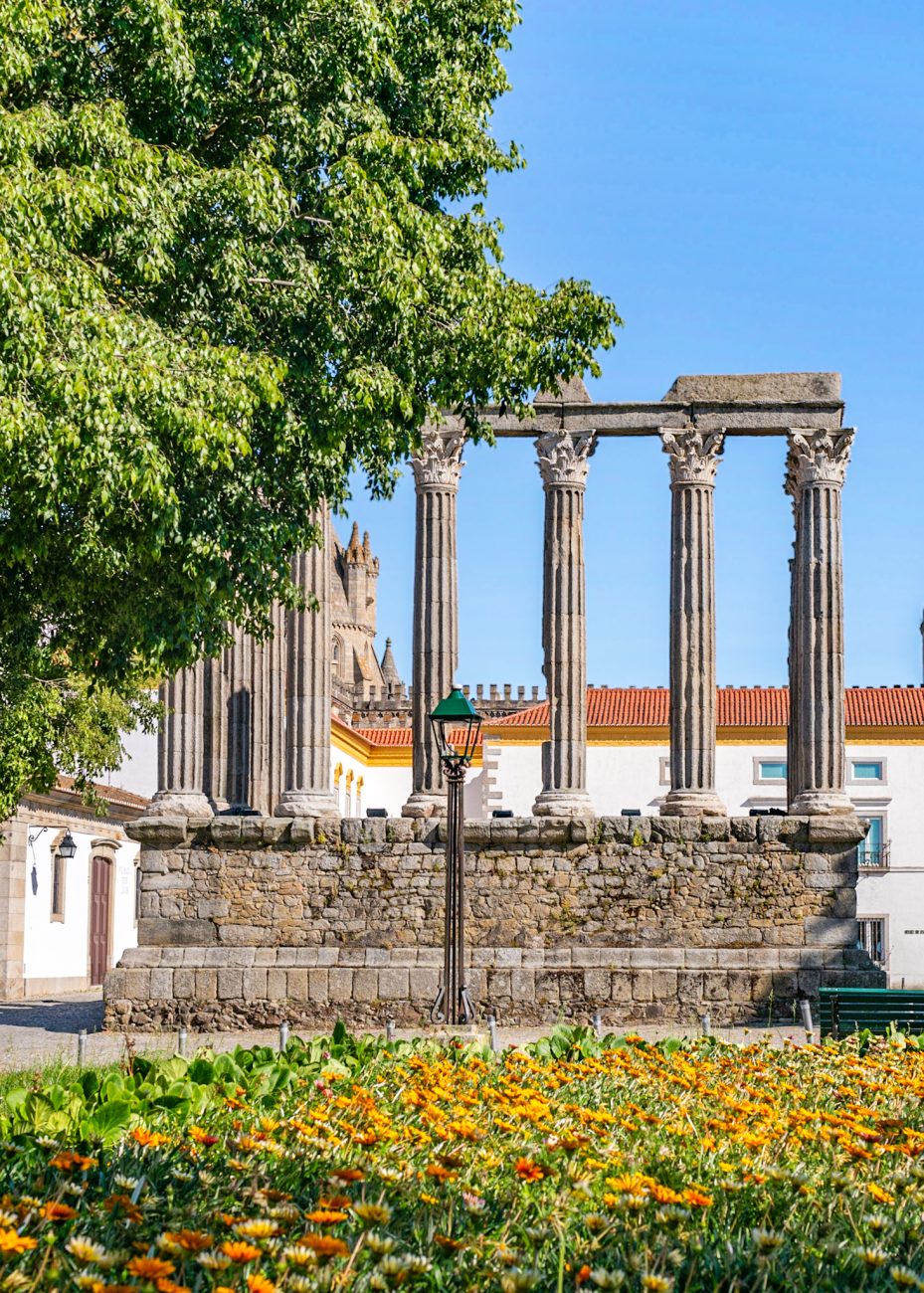 Roman Temple of Évora in Portugal surrounded by ancient columns