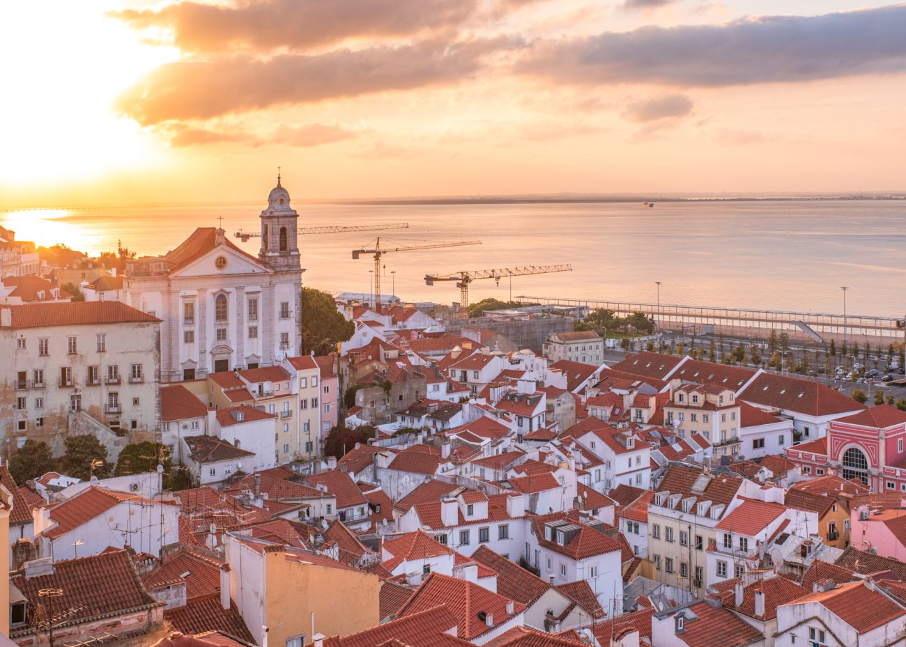 Lisbon Portugal city view with historic buildings and Tagus River waterfront