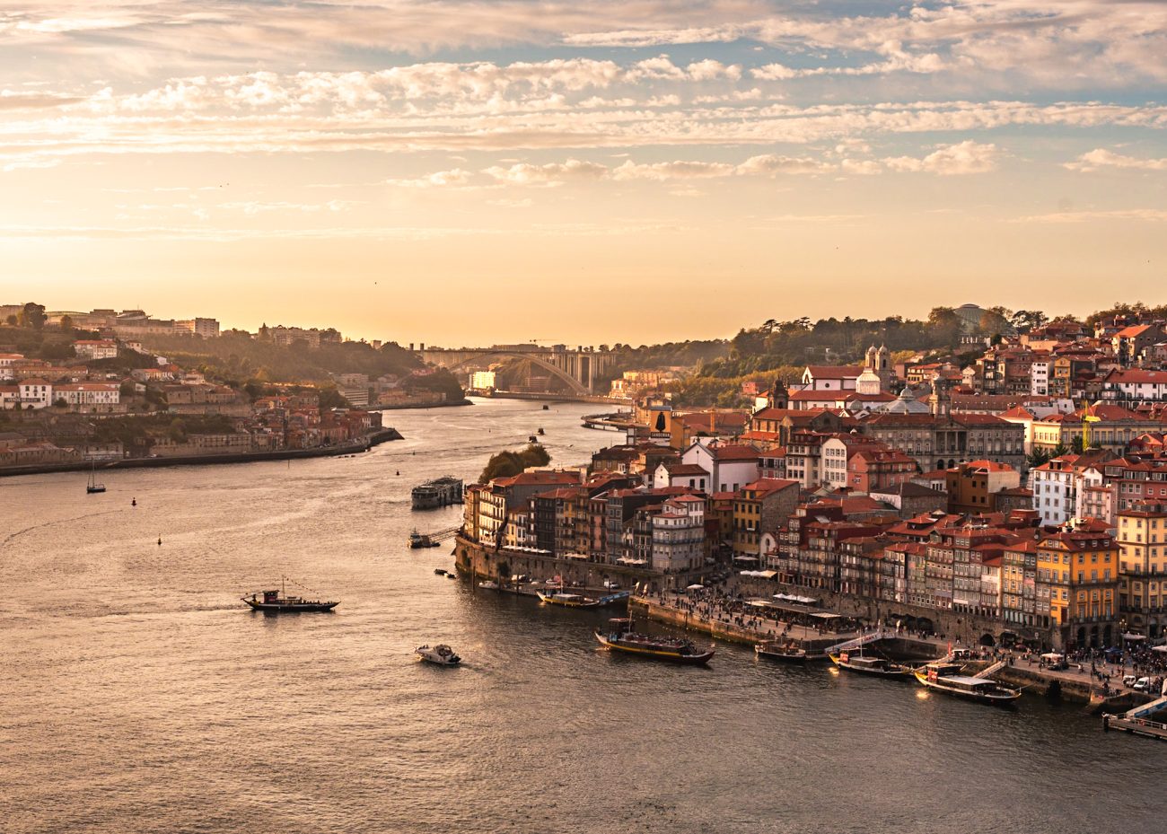 Porto Portugal city skyline with Ribeira and Douro River