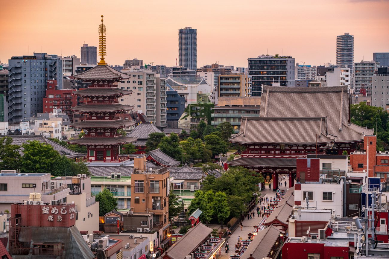 The view from Asakusa Culture Tourist Information Center in Tokyo, overlooking Senso-ji Temple and Tokyo Skytree