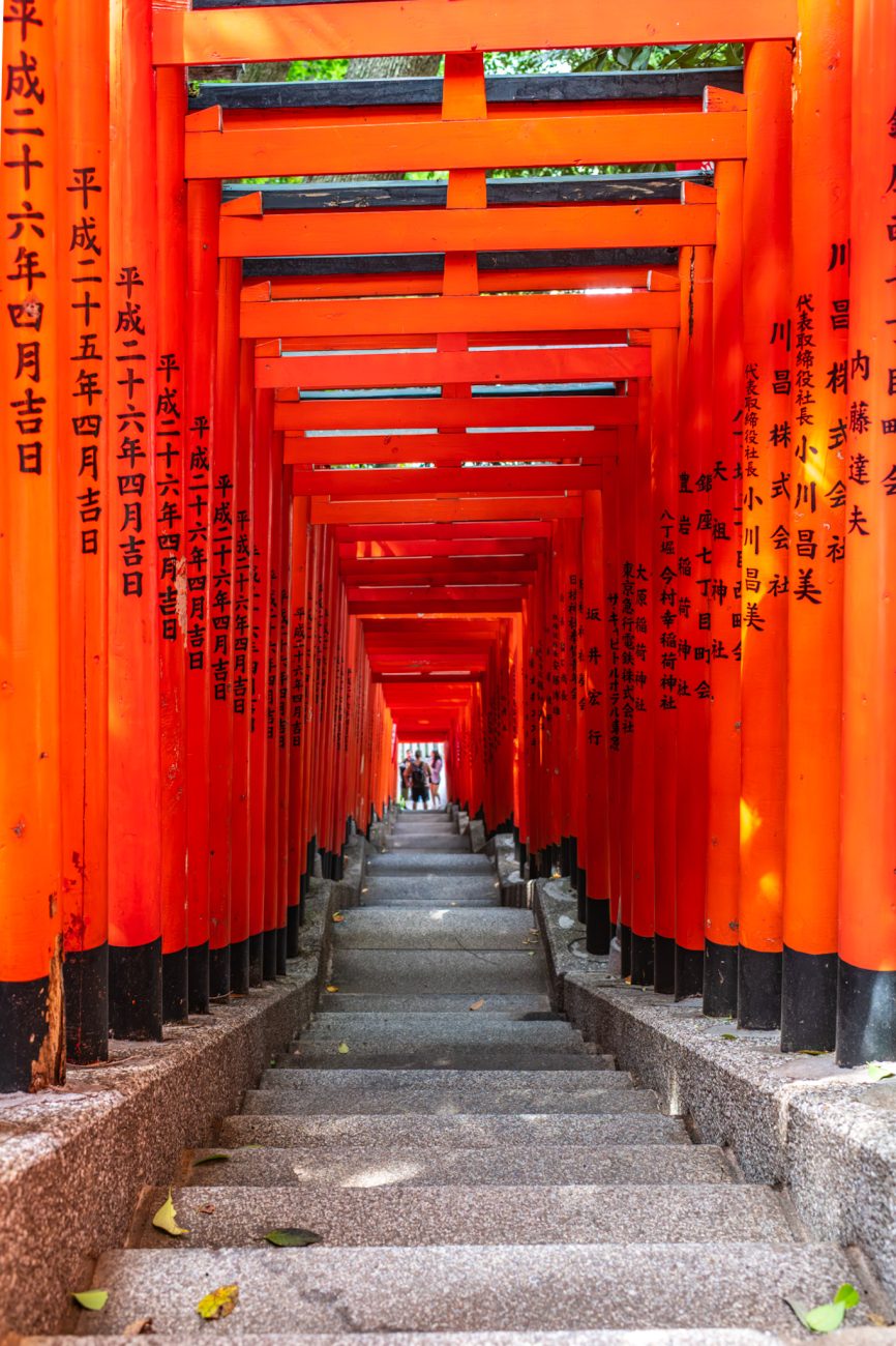 The red torii gates at Hie Shrine in Tokyo, creating a picturesque pathway through one of the city's historic Shinto shrines