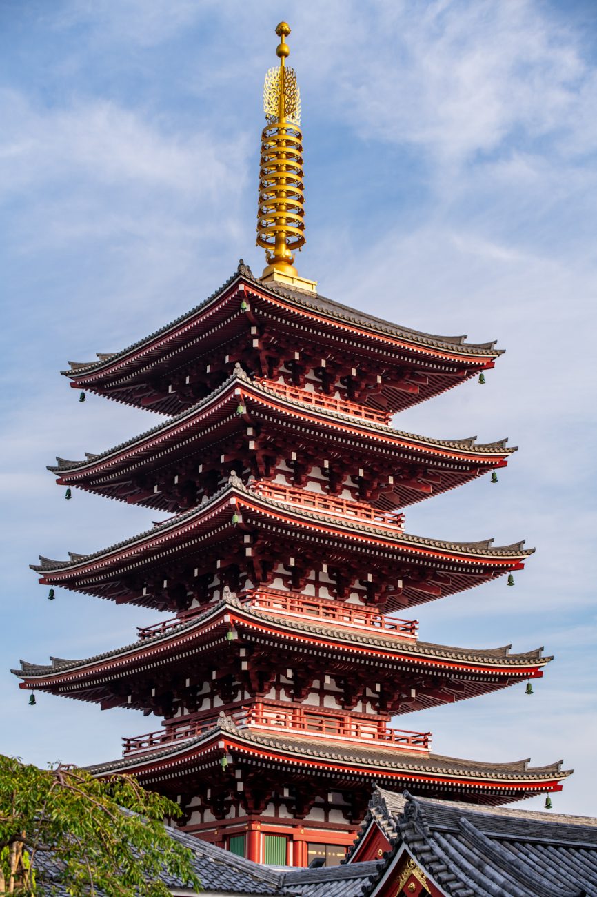 The five-story pagoda at Senso-ji Temple in Asakusa, one of the most recognizable landmarks in Tokyo, Japan